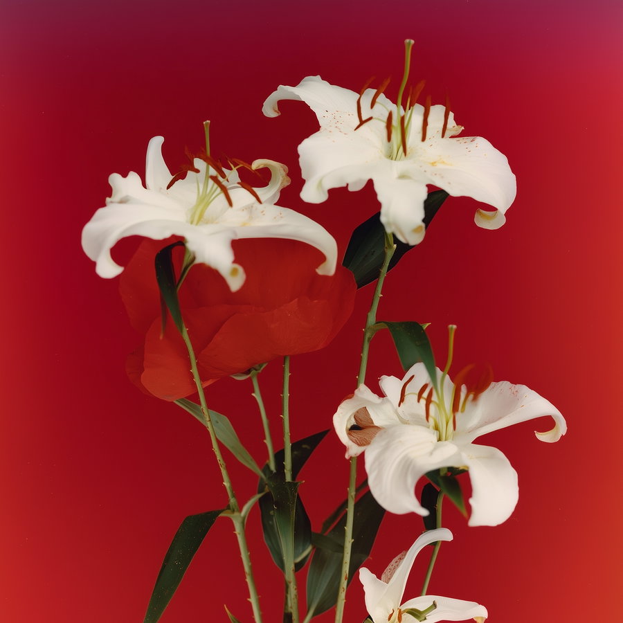 A bouquet featuring several white lilies with green stems and leaves, and some red flowers behind them, all set against a solid bright red background.