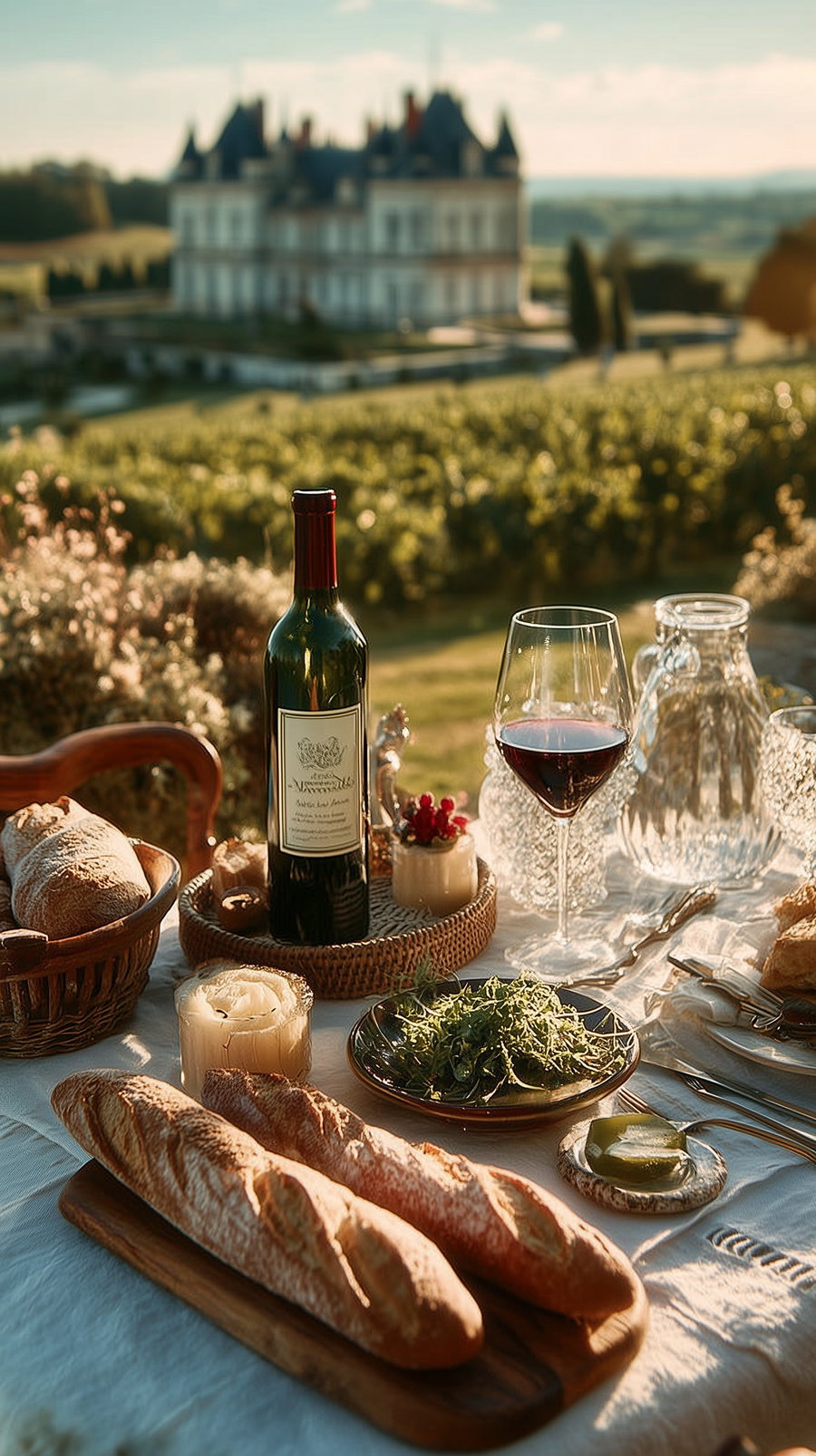 Table set outdoors with baguettes, a bottle of wine, a glass of red wine, salad on a plate, and other dining items with a blurred castle and garden in the background