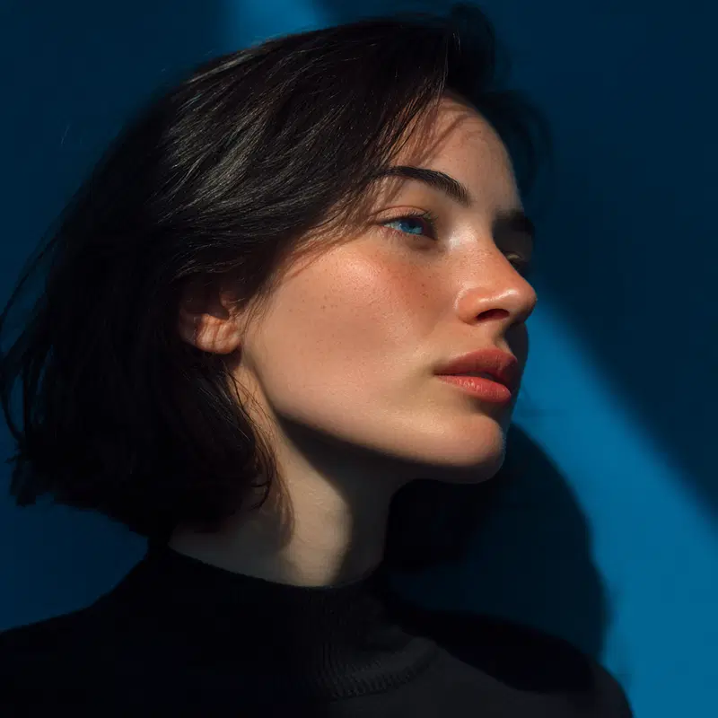 Closeup of a young woman with short hair in soft lighting against a blue background