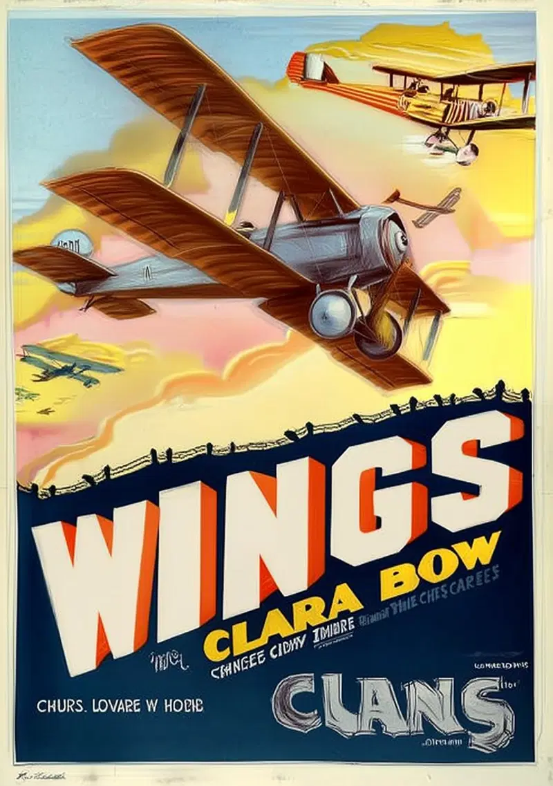 Vintage styled poster featuring biplanes flying over a sunset sky