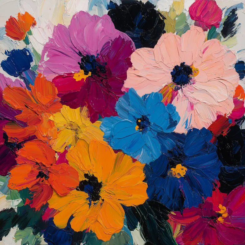 Vibrant oil painting of colorful flowers with textured petals