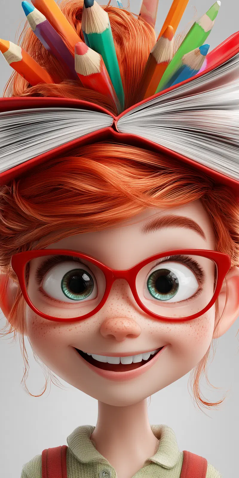 Whimsical character art of a cheerful young girl with red hair and colorful pencils