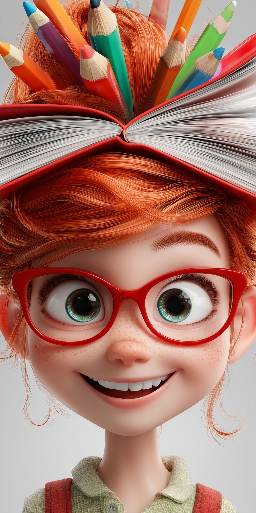 3D rendered portrait of a happy young girl with large green eyes, red glasses, red hair, freckles, and an open book with colorful pencils in her hair
