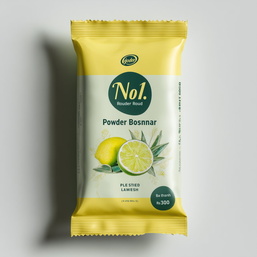 A yellow and cream-colored packaged product with an illustration of yellow and green citrus fruits, placed on a light surface with soft shadows.