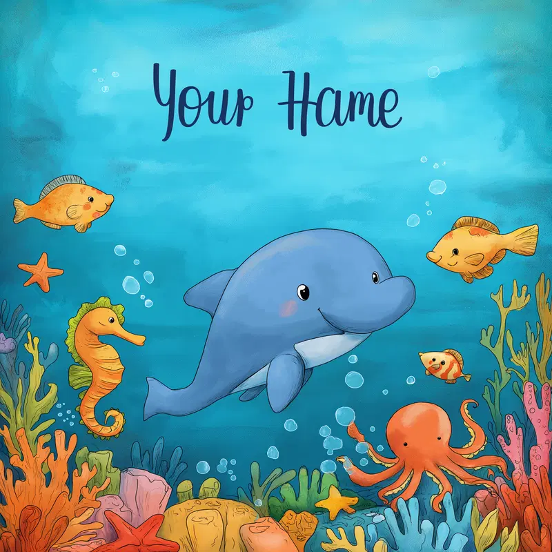 Colorful underwater scene with cute cartoon sea creatures and coral reefs