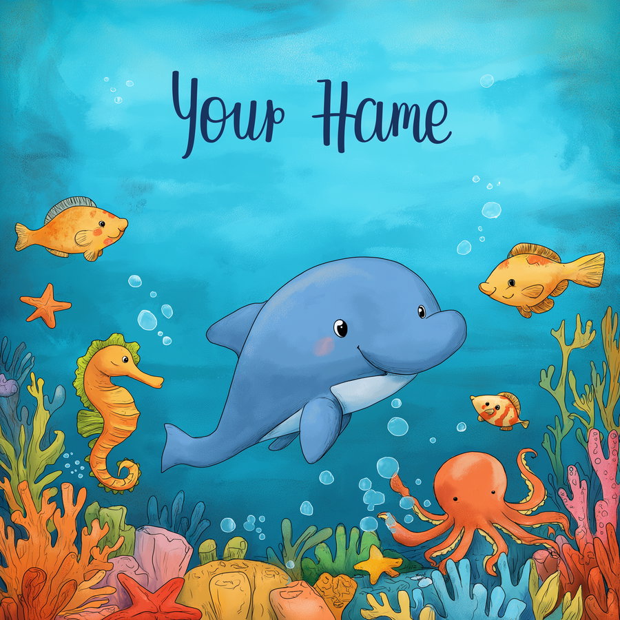 Illustration of a smiling blue dolphin, orange seahorse, octopus, starfish, and various colorful fish swimming among vibrant coral and underwater plants