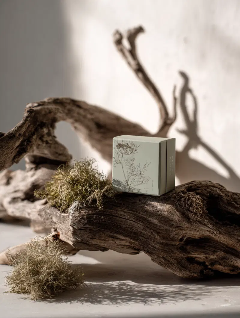 Still life composition of natural elements with a decorative box on driftwood