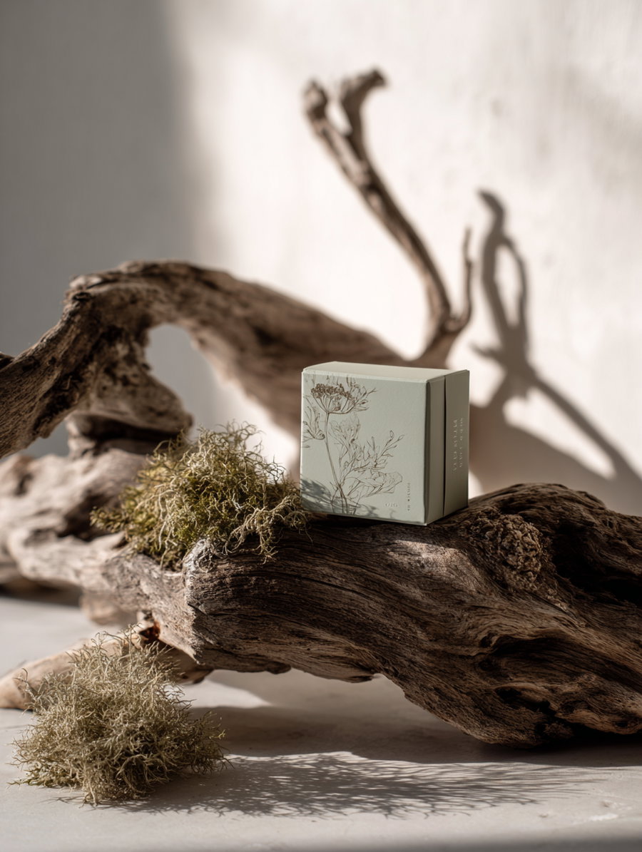 A decorative box with botanical drawings placed on a piece of driftwood, surrounded by moss against a softly lit background