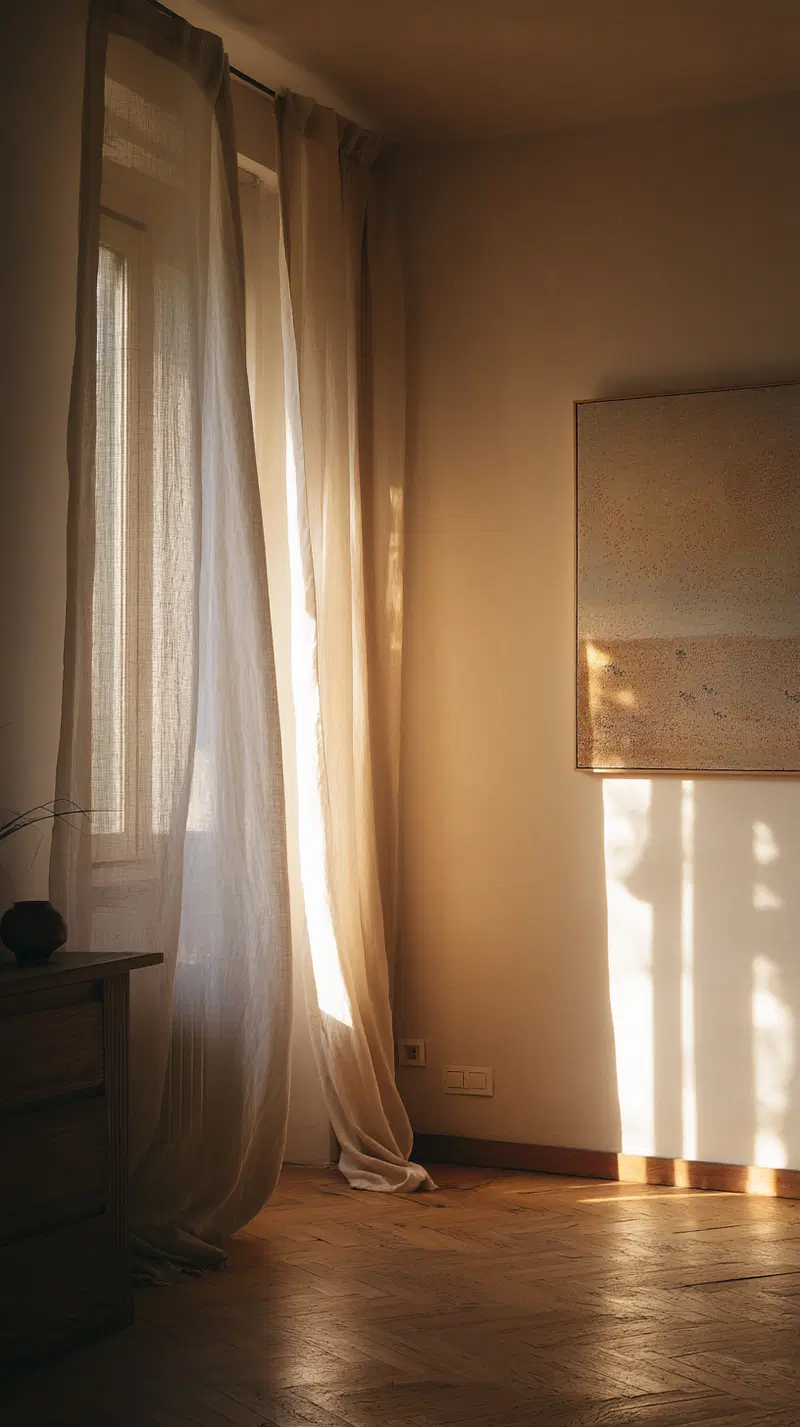 Cozy interior corner with soft curtains and warm sunlight