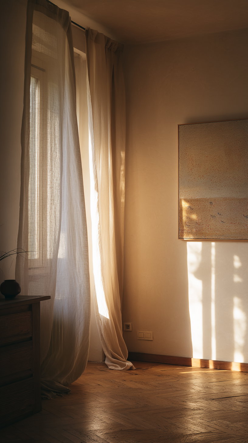 A cozy interior corner showing sheer beige curtains hanging near a window, warm sunlight casting shadows on a textured wall with a framed piece of art, and a wooden floor with a drawer chest partially visible.