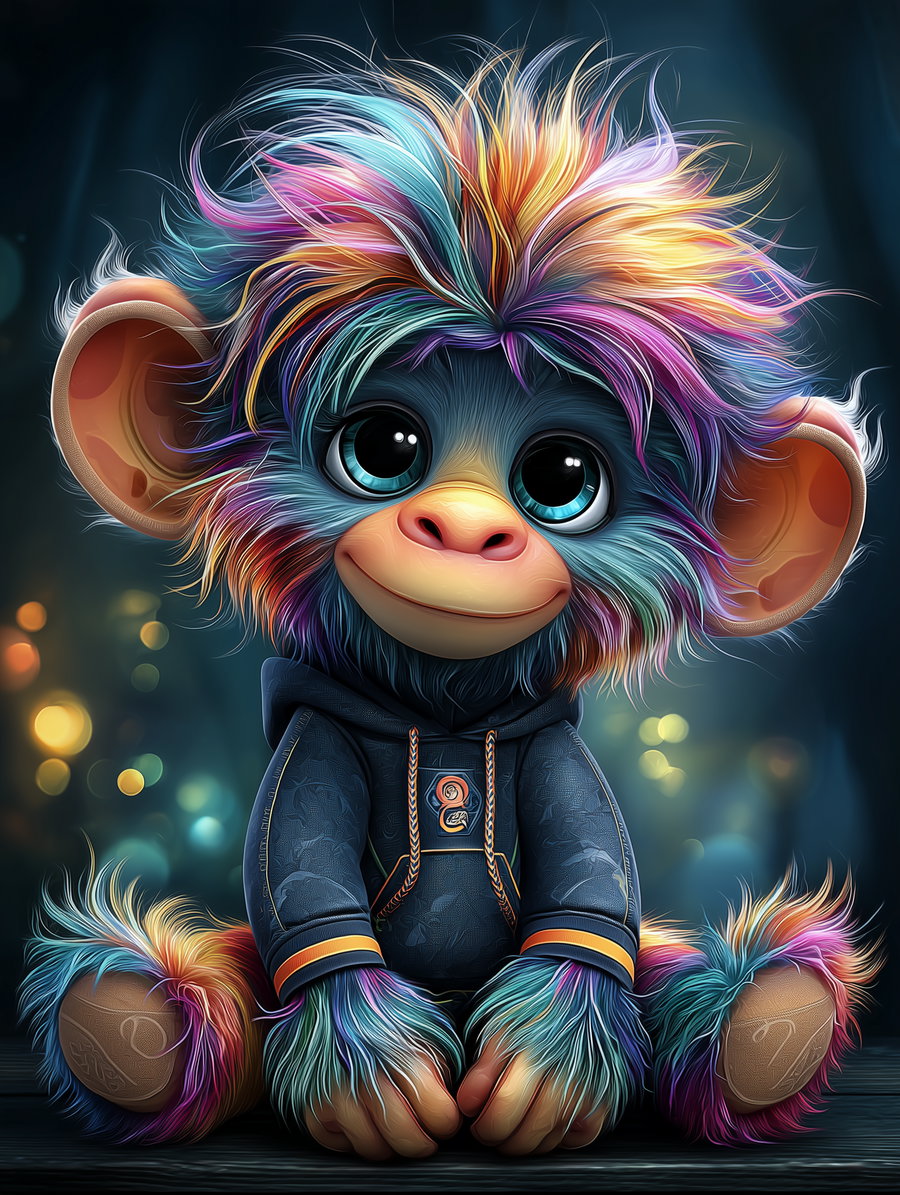 A cute, colorful furry monkey character with big blue eyes wearing a dark hoodie, sitting on a surface with glowing orbs in the blurred background
