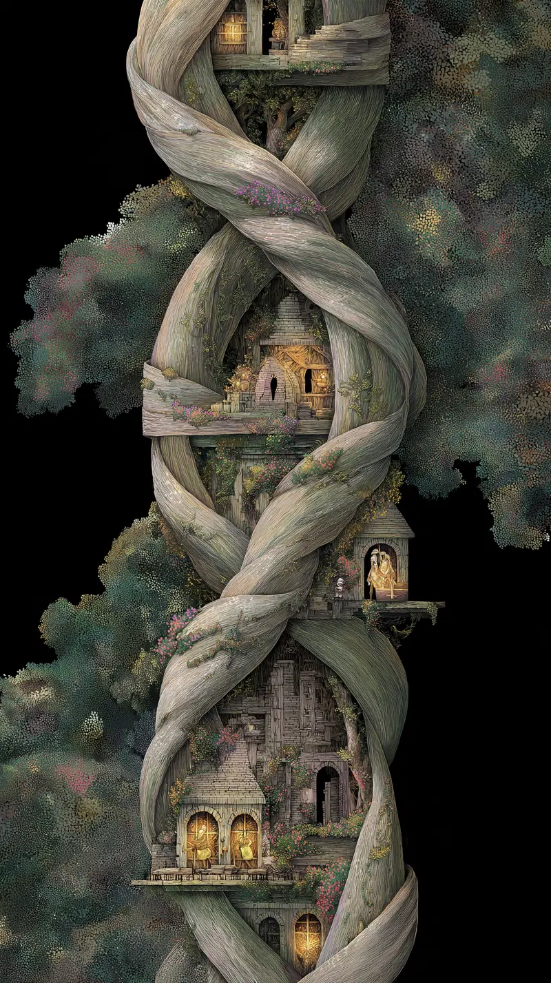 Intricate fantasy scene of intertwined giant tree trunks forming a vertical dwelling