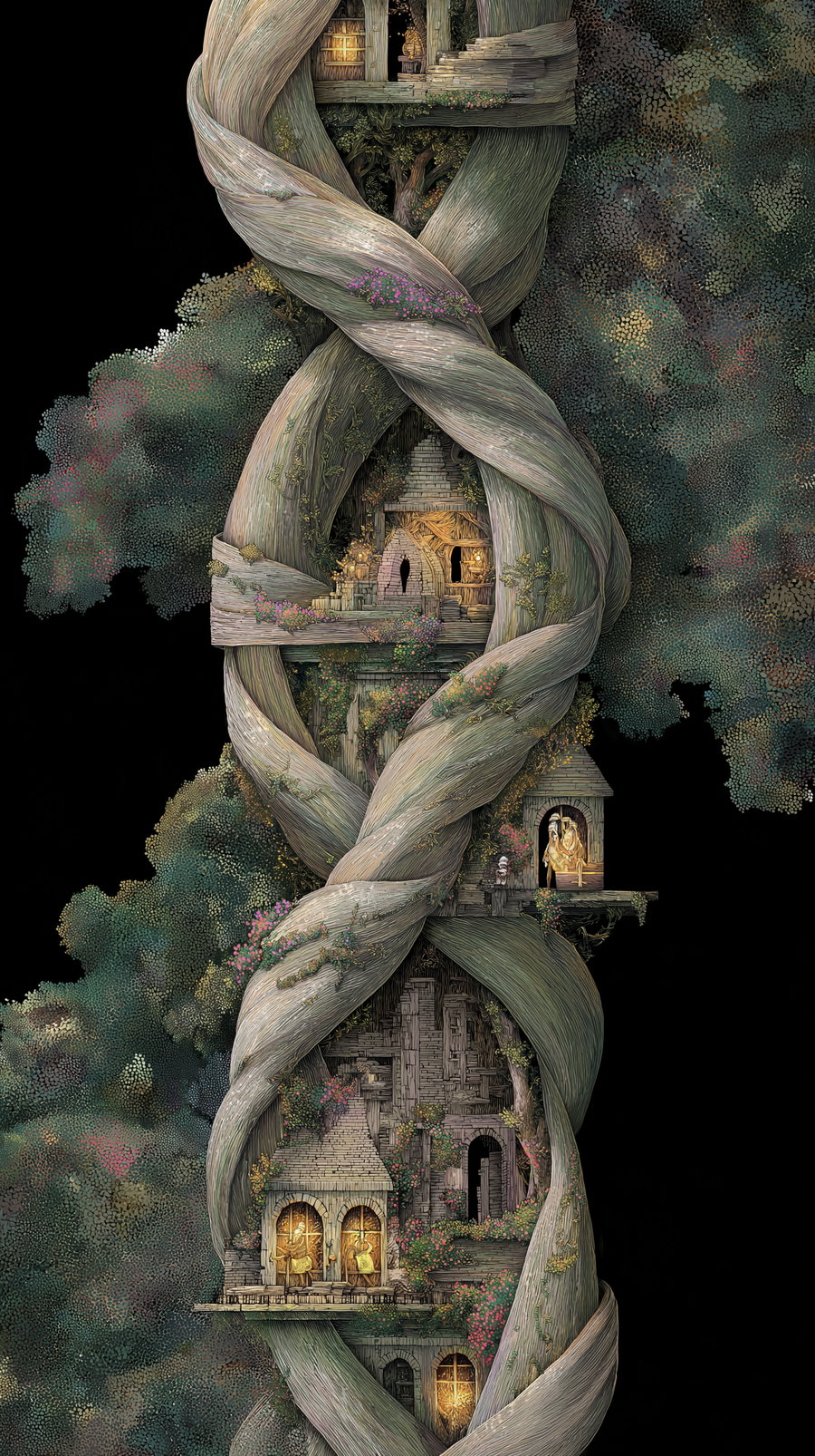 Detailed fantasy illustration of intertwined giant tree trunks with small houses and figures inside, surrounded by lush foliage and flowers