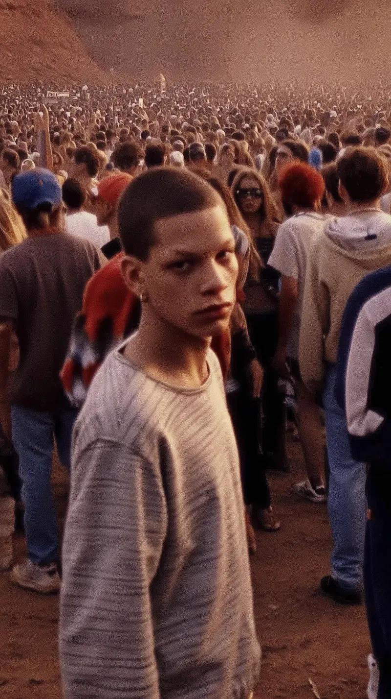 Portrait of a young man in a crowded outdoor event with warm lighting