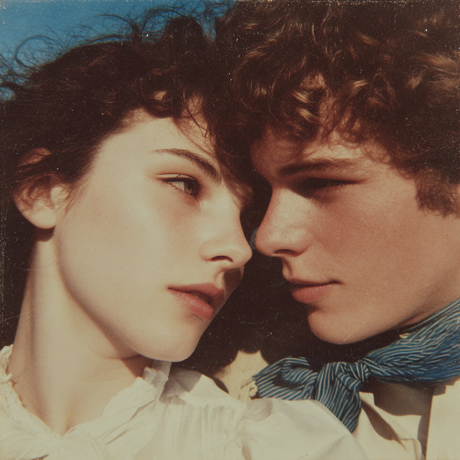 A close-up image of a young woman and a young man with curly hair facing each other, both wearing vintage-style light clothing, with a soft warm light illuminating their faces.