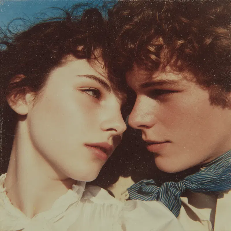 Close-up portrait of a young man and woman with vintage aesthetic