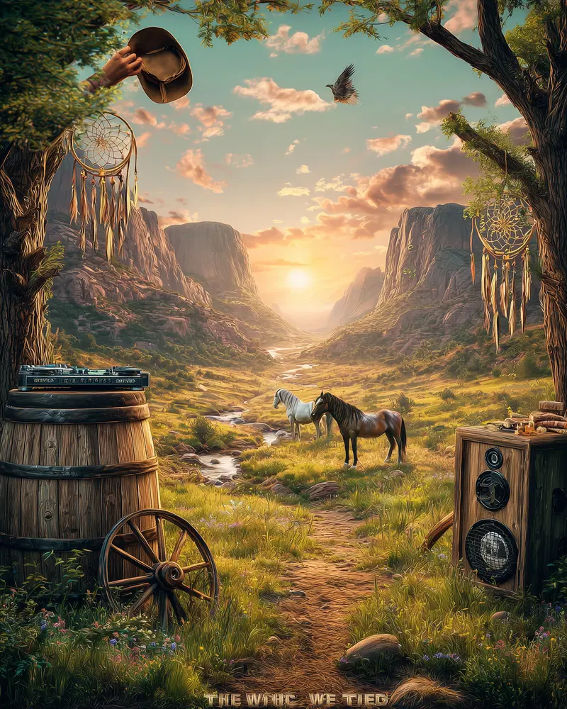 Sunset over a serene valley with horses and rustic elements