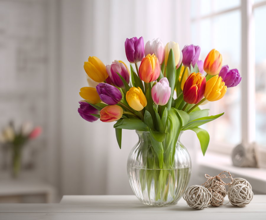 A clear glass vase filled with colorful tulips in yellow, purple, pink, orange, and white, placed on a light wooden table. Next to the vase are several decorative wicker balls. The background shows a softly lit room with a window and blurred elements.