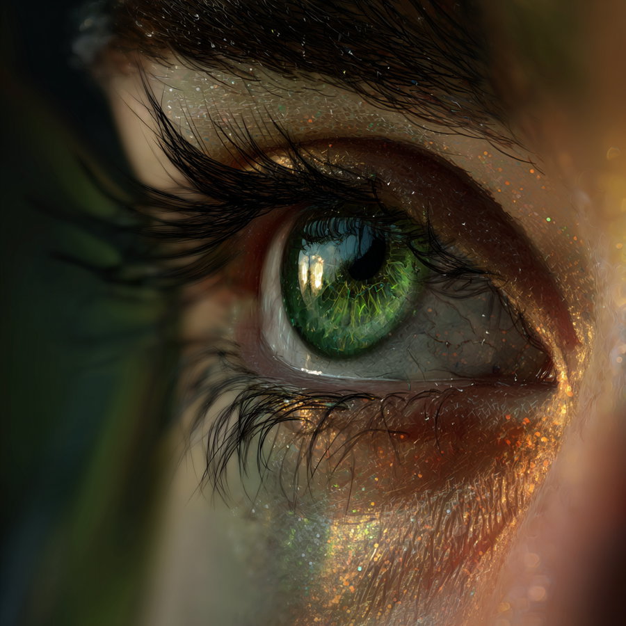 A highly detailed close-up of a human eye with green iris, surrounded by long eyelashes and skin with glittery makeup