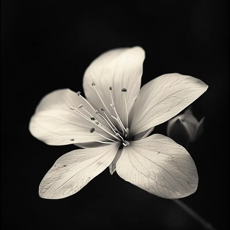 Detailed monochrome close-up of a single flower blossom with visible veins