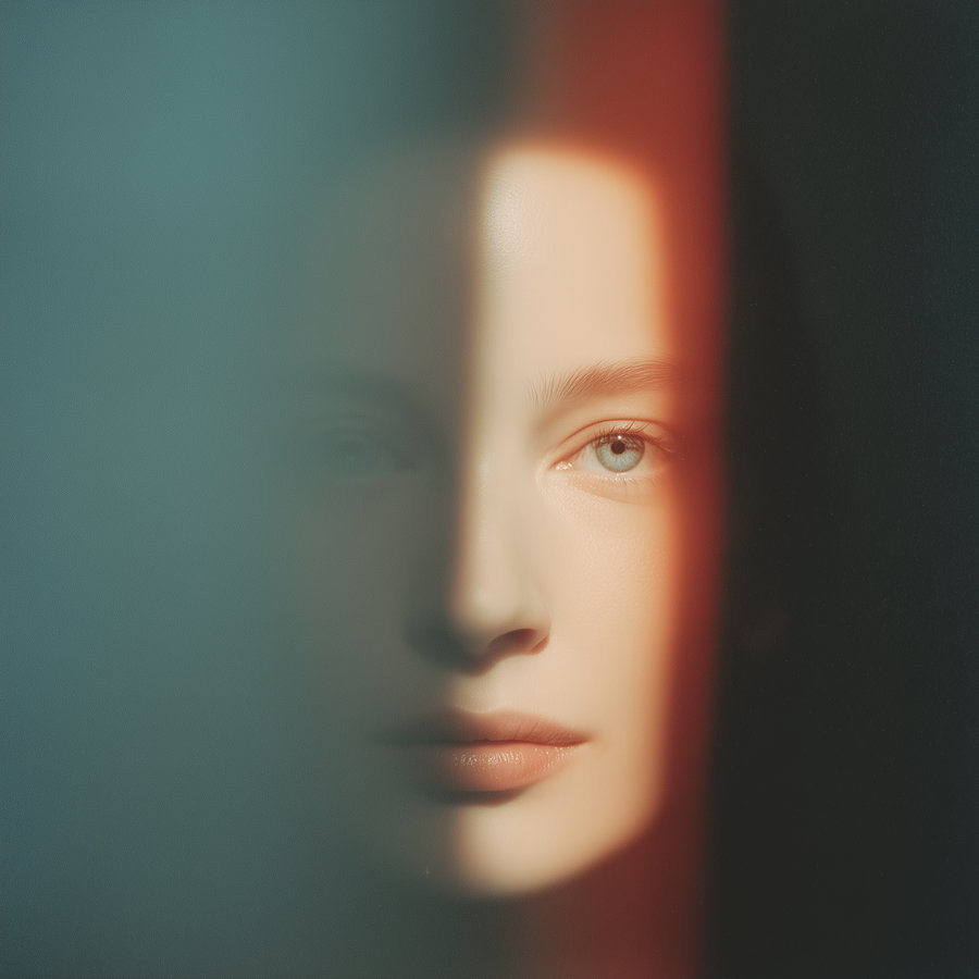 A close-up portrait of a young woman's face showing one eye and mouth clearly illuminated by light while the rest of the face fades into soft shadows and blurred effects.