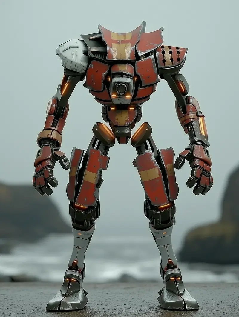 Detailed futuristic robot with red and yellow armor in an outdoor setting