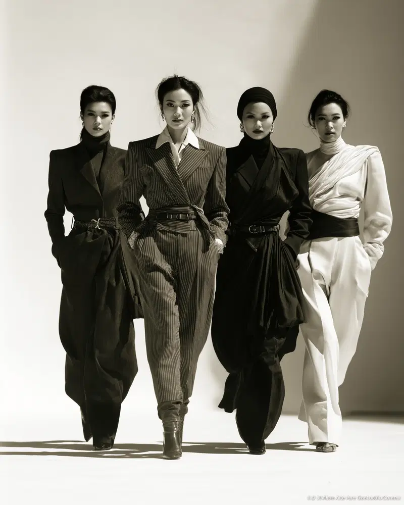 High fashion portrait of four confident women walking forward in stylish outfits
