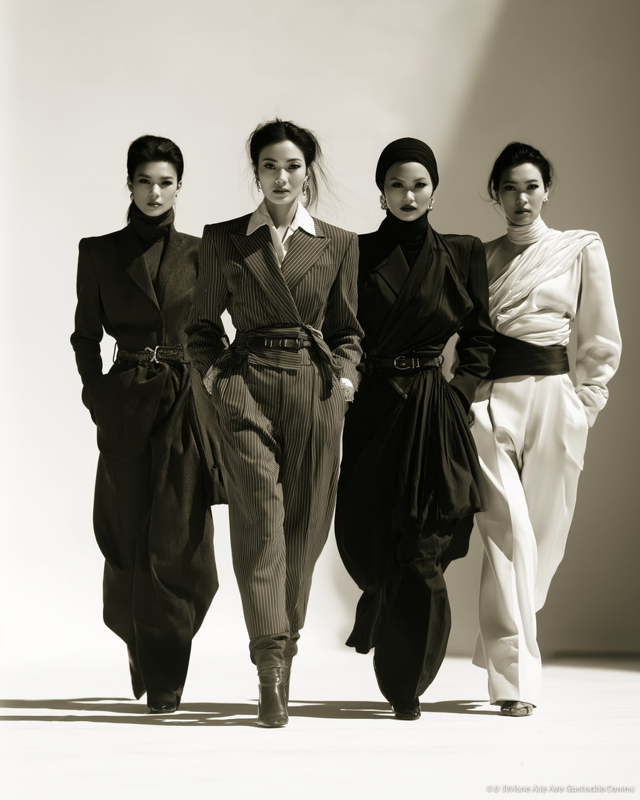 Black and white photo of four women walking towards the camera wearing fashionable tailored suits and high-waisted pants in a studio setting