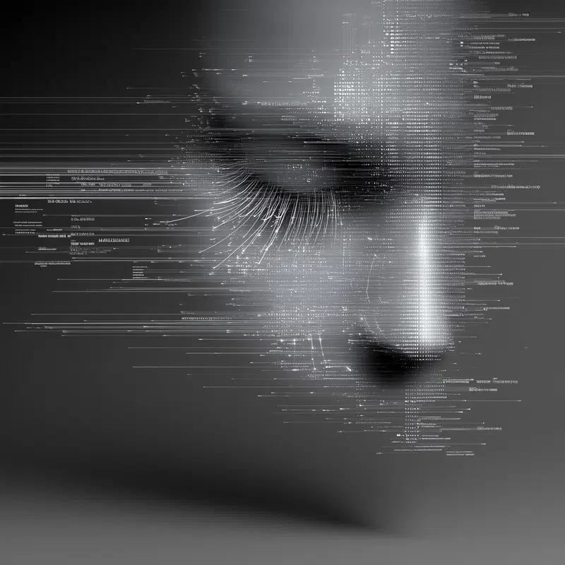 Digital abstract illustration of a woman's face integrated with data streams and code