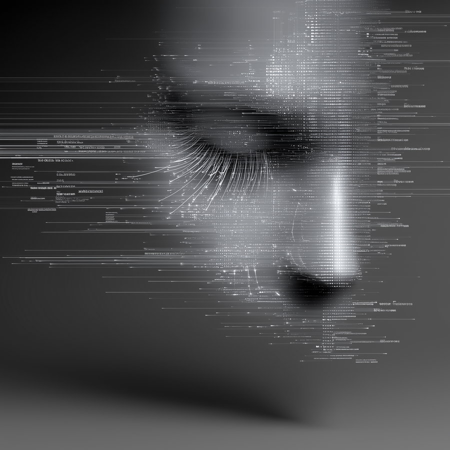 A grayscale abstract digital art depicting a woman's closed eye and partial face made up of lines, dots, and fragmented code elements blending into the background