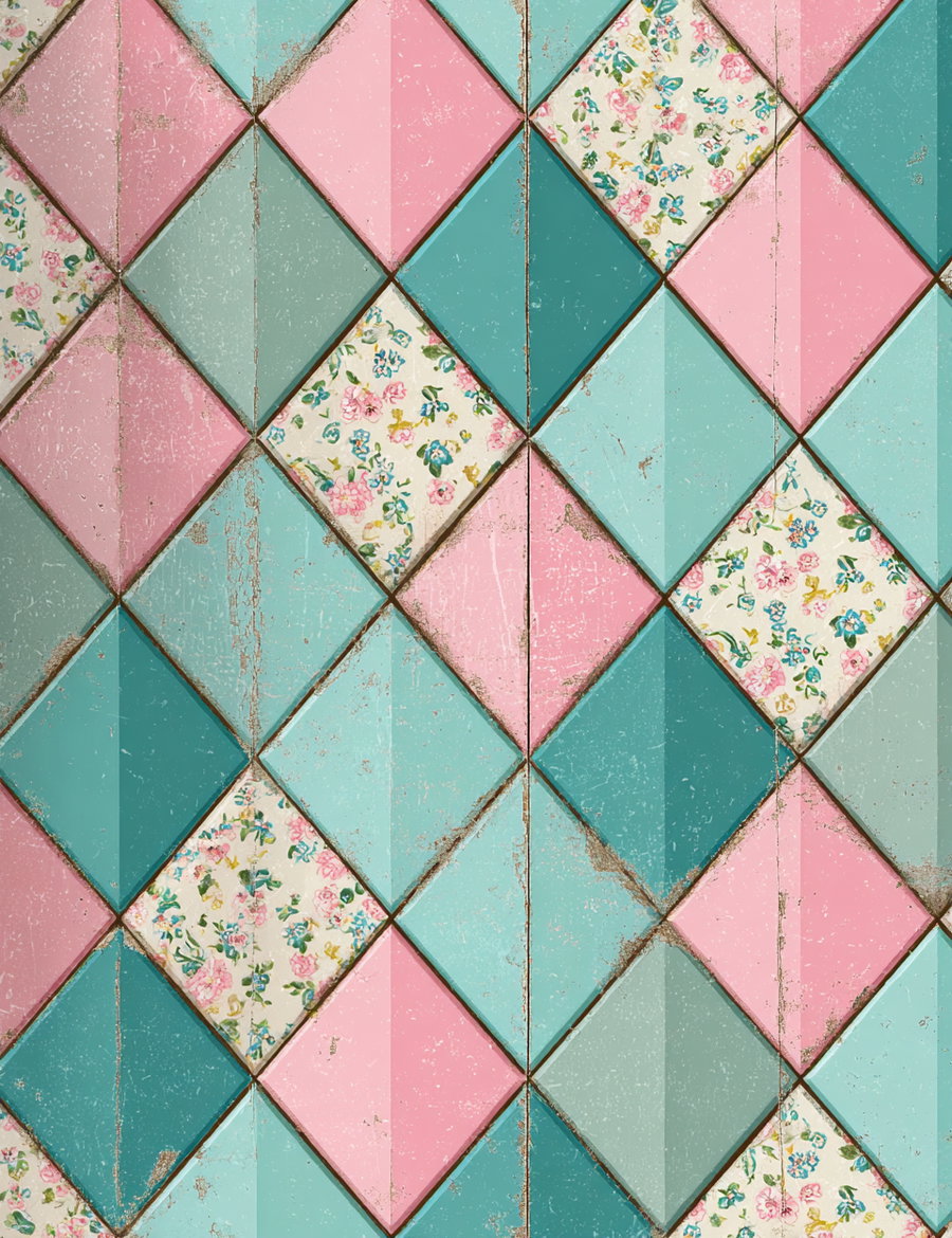 A repeating pattern of diamond-shaped tiles in pastel shades of pink, teal, and blue interspersed with floral patterned tiles, all with a distressed and weathered surface texture.