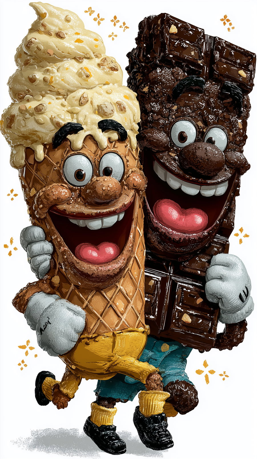 A joyful ice cream cone character with yellow textured ice cream and a waffle cone body wearing gloves and sneakers, dancing with a smiling chocolate bar character with dark chocolate texture, wearing blue shorts and gloves, on a white background