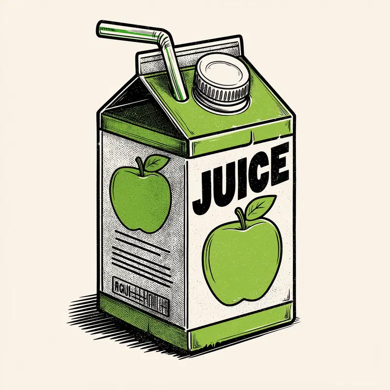 Illustration of a green apple juice carton with a straw and cap