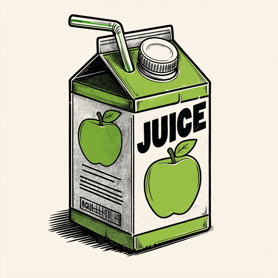 Detailed drawing of a green juice carton with images of green apples on its sides, a white cap, and a bent green straw attached to the top