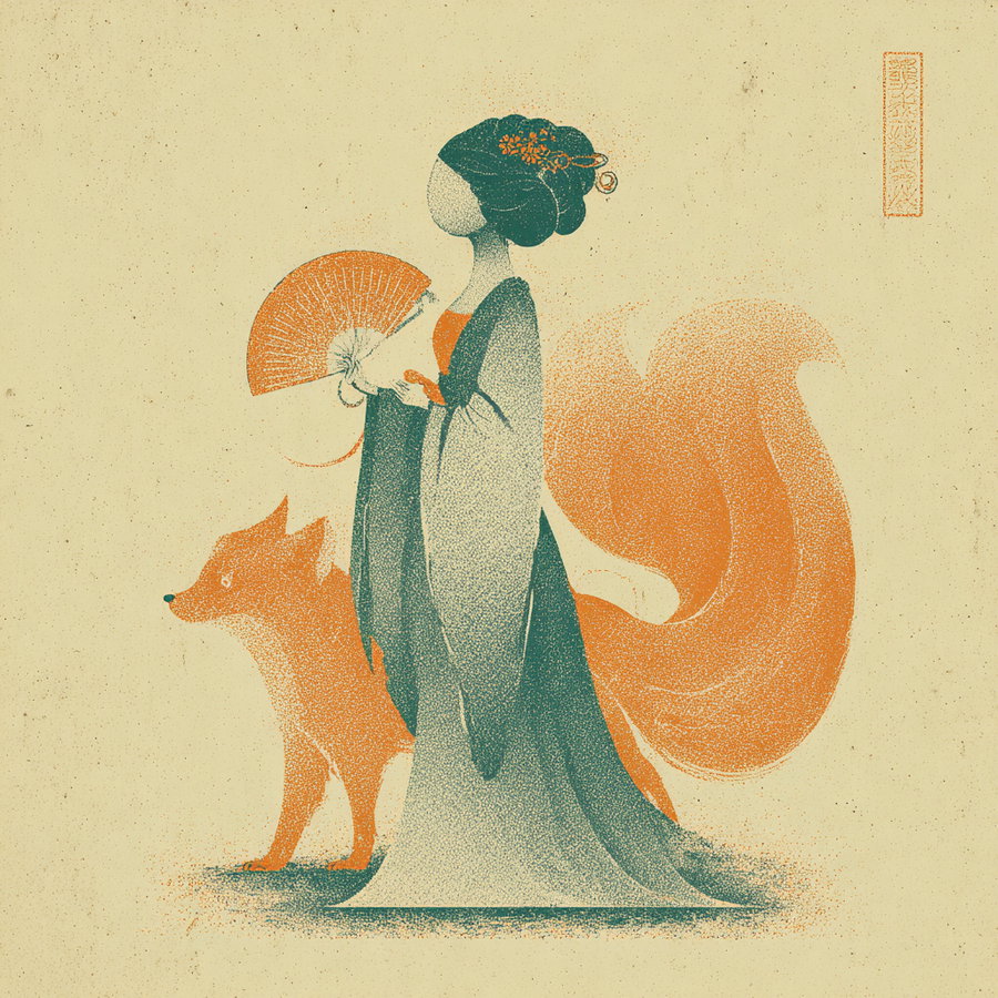 Illustration of a woman in traditional clothing holding a fan, standing beside a large orange fox figure in a pointillism style
