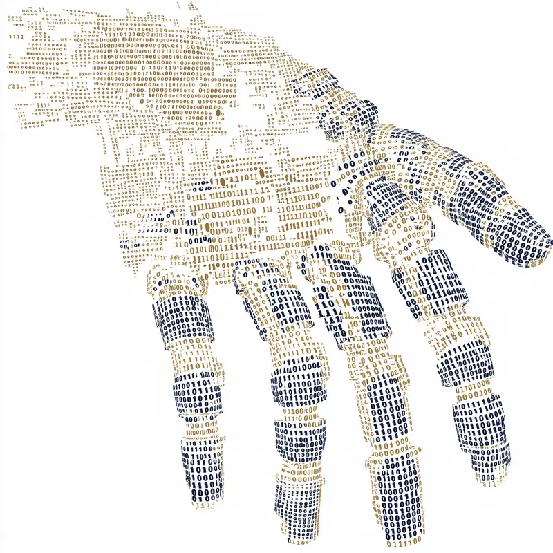 Detailed digital illustration of a robotic hand formed by binary code digits