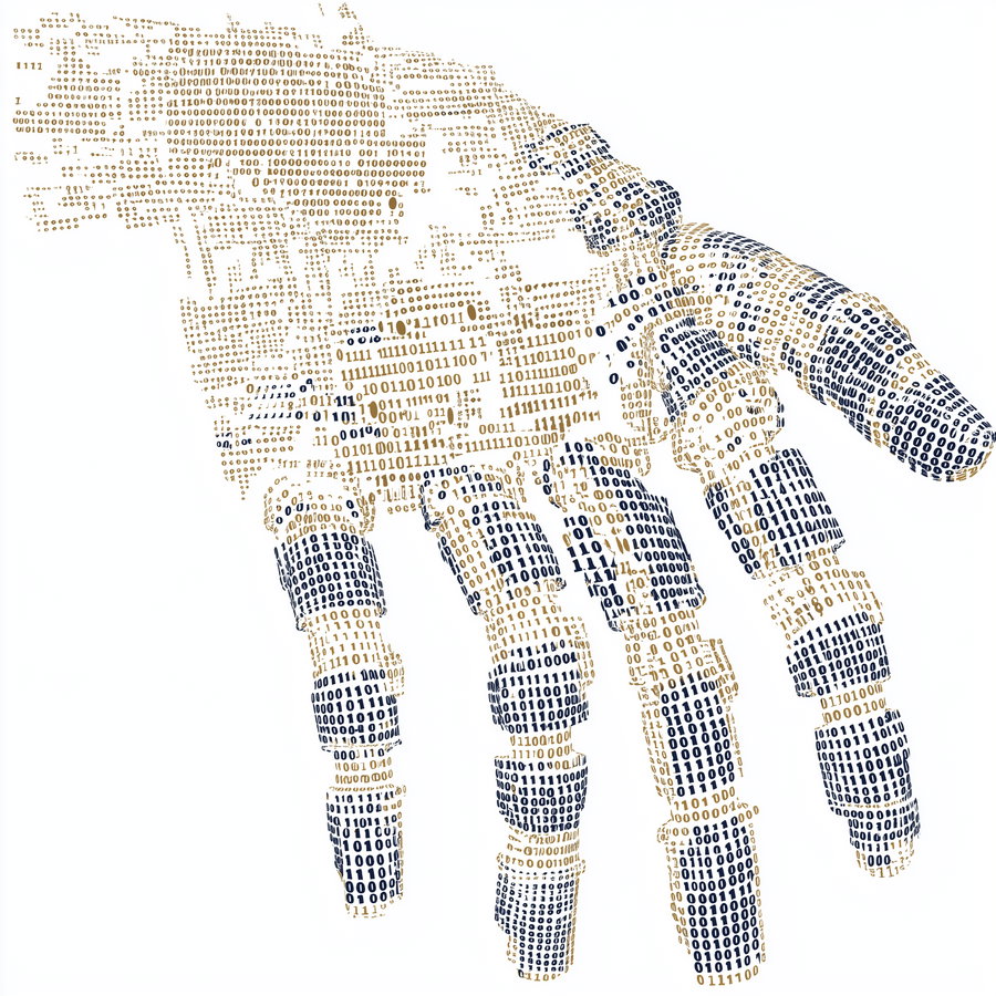 A robot hand composed of numerous binary digits (0s and 1s) arranged to form the shape and structure of fingers and joints on a white background.