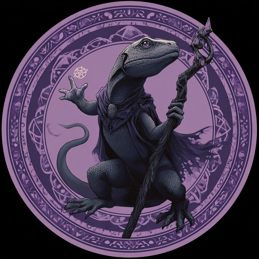 Illustration of a lizard with human-like posture wearing a cloak, holding a wooden staff, set against a purple ornate circular background