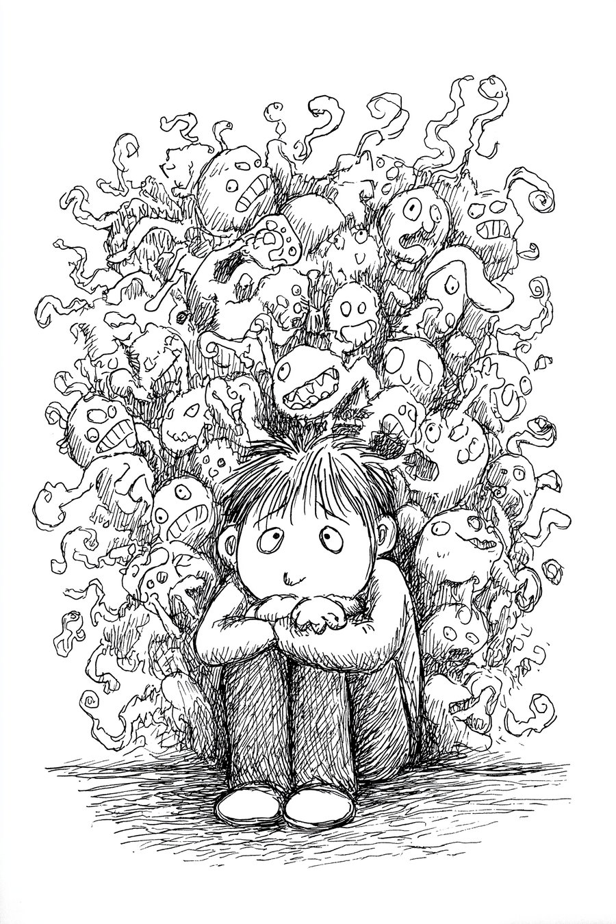 A black and white ink drawing of a child sitting with knees drawn to chest, looking worried, surrounded by numerous small, strange, and expressive cartoon-like creatures.