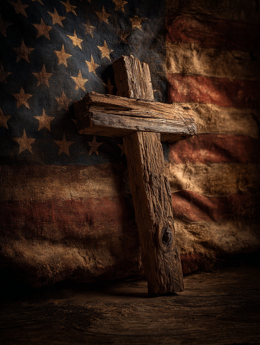 A rustic wooden cross leaning against a worn, vintage American flag with visible stars and stripes, all resting on a wooden surface