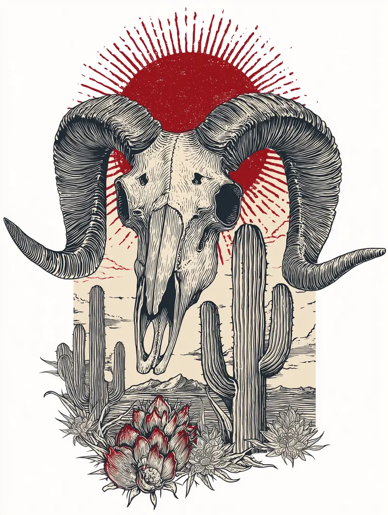 Detailed illustration of a ram skull with large curved horns and desert cacti