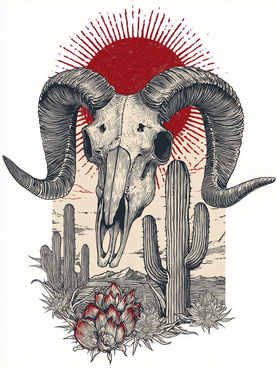 An artistic illustration featuring a ram skull with large curved horns in the foreground, with several cacti and desert plants beneath it, mountains in the background, and a large red sun with radiating lines behind the skull