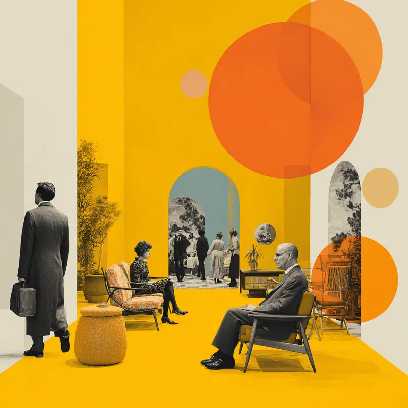 Surreal collage of a vintage indoor scene with bold yellow and orange abstract shapes