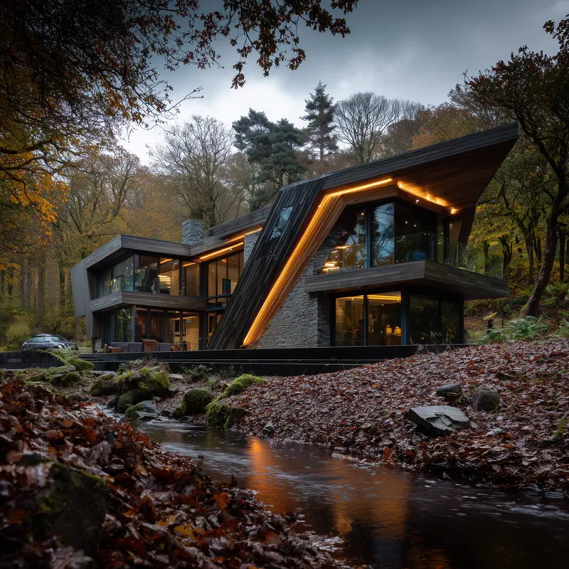 Modern architectural home with angular design and illuminated exterior in forest