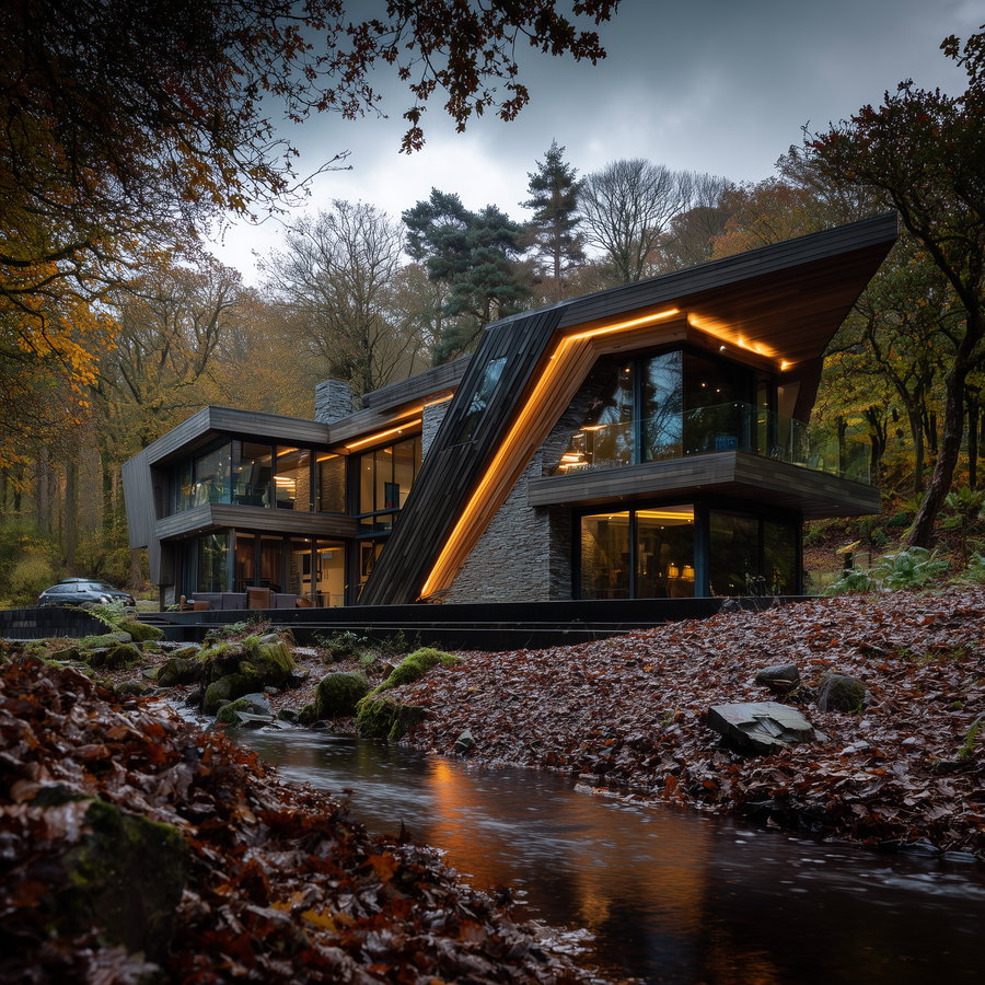 Modern house with sharp angular roof lines and large glass windows illuminated with warm lights, situated in a forest with fallen autumn leaves and a small stream in the foreground