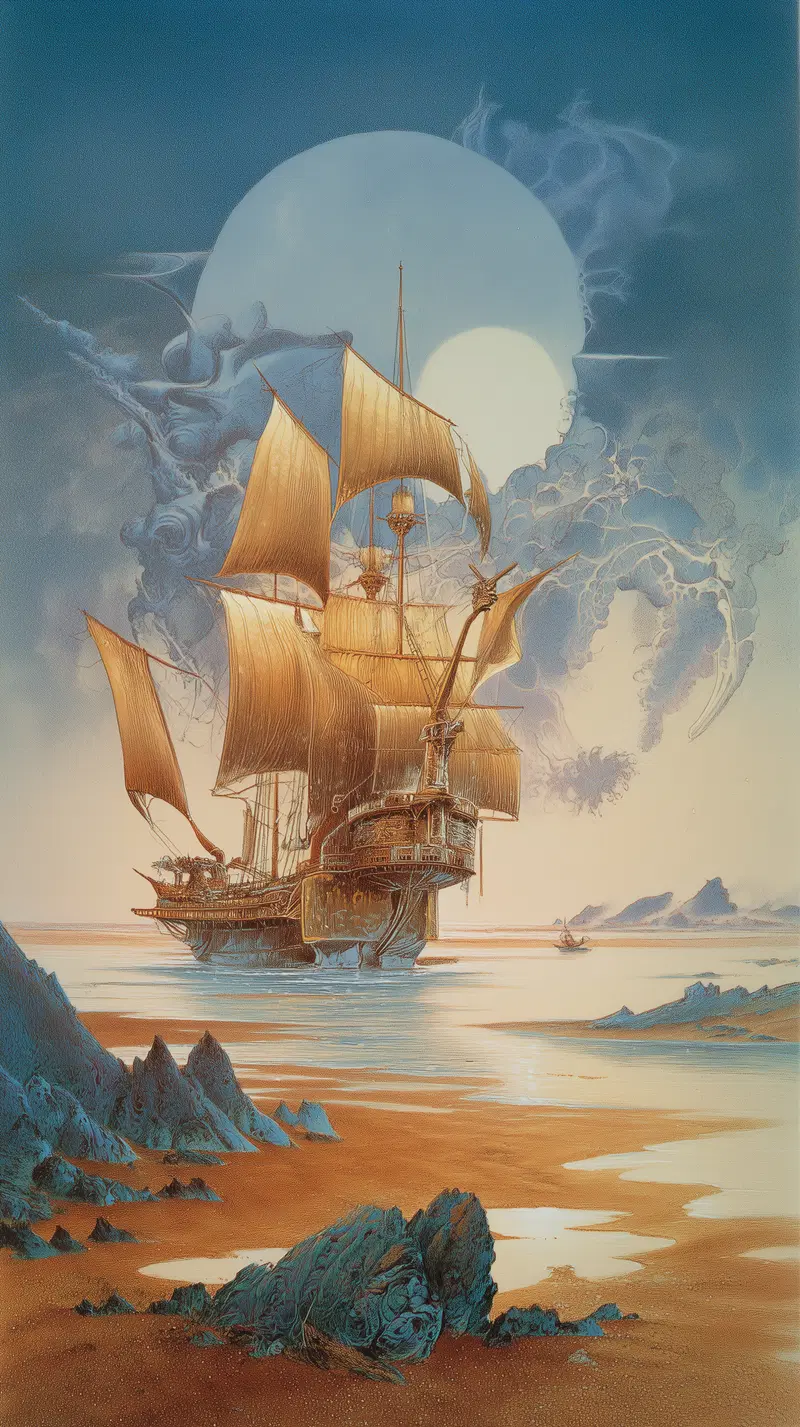 A detailed fantasy scene of a sailing ship with golden sails on a mystical shore