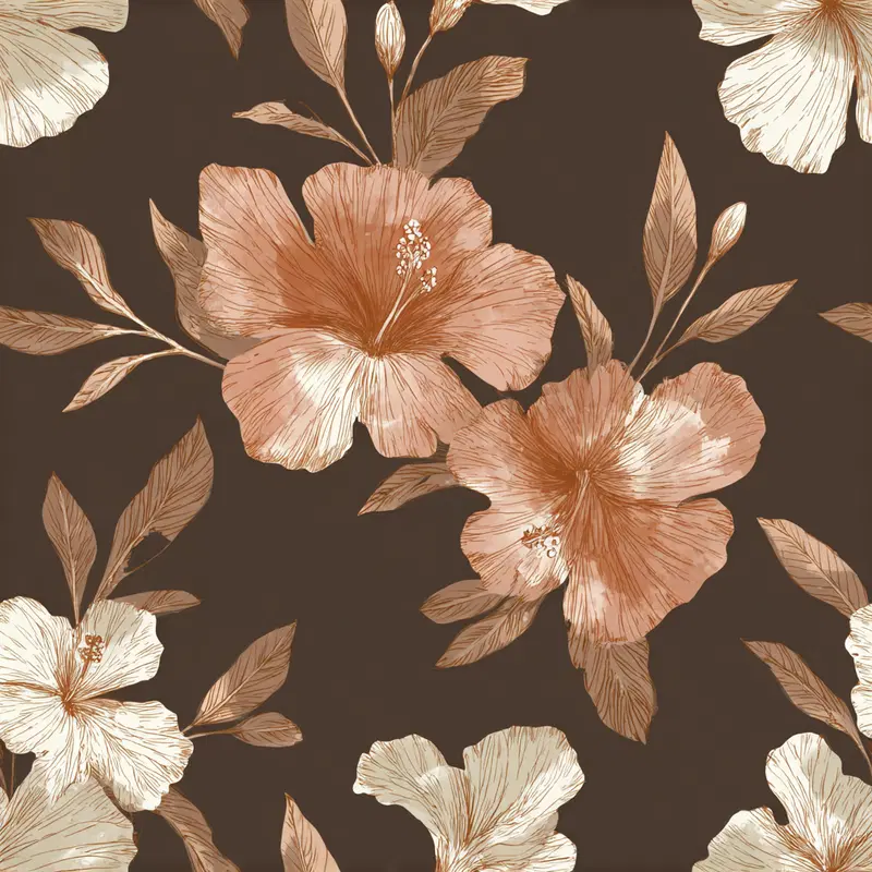 Seamless floral pattern with detailed hibiscus flowers and leaves on dark background