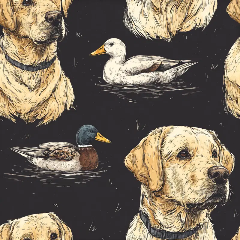 Detailed digital illustration of yellow Labrador dogs and ducks on dark background