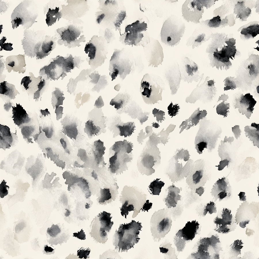A pattern of various black, gray, and beige watercolor spots and blotches on a white background, resembling an abstract animal print texture