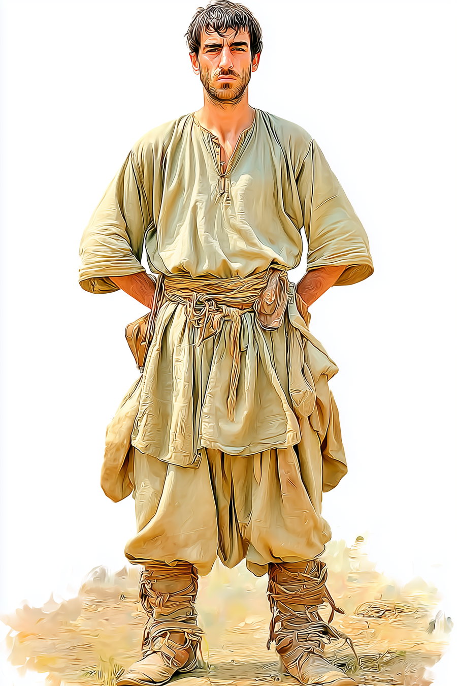 A digital illustration of a man with short dark hair and a serious expression, wearing loose beige pants, a matching tunic, and wrapped footwear, standing with hands on hips against a white background with subtle ground texture.